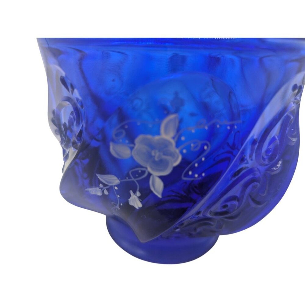 Fenton Glass HP Artist Signed Cobalt Blue Paisley Swirl Candy Jar & Lid - Picture 9 of 16